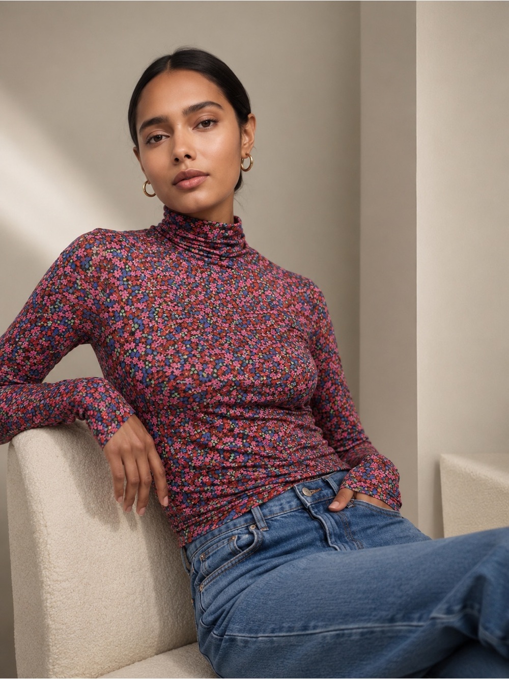 AFRM Floral Mesh Turtleneck Top Pink Blue Long Sleeve Revolve Size M